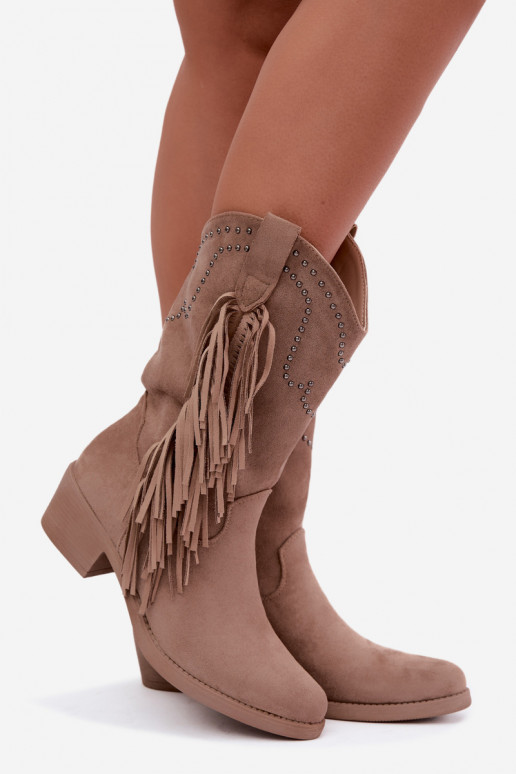 Cowboy-style women's ankle boots with fringes and embellishments in sand color Perlia