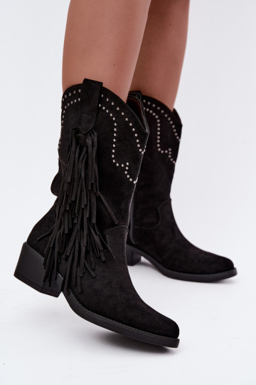 Cowboy-style women's ankle boots with fringes and embellishments in black color Perlia