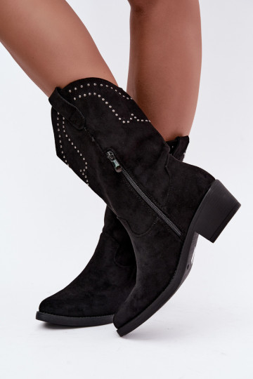 Cowboy-style women's ankle boots with fringes and embellishments in black color Perlia 2
