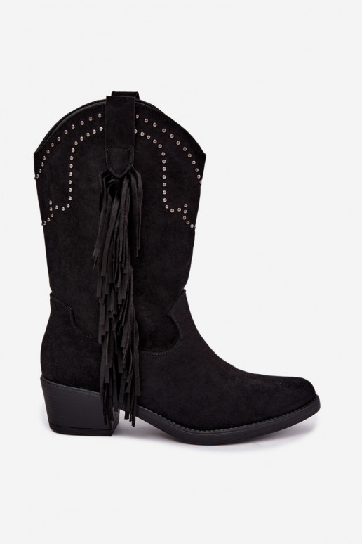 Cowboy-style women's ankle boots with fringes and embellishments in black color Perlia