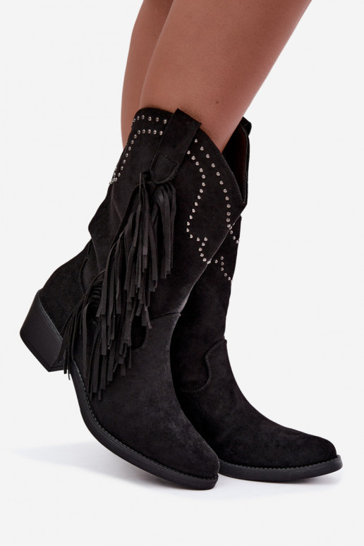 Cowboy-style women's ankle boots with fringes and embellishments in black color Perlia