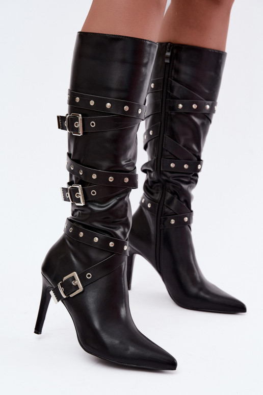 Women's knee-high boots with slim heels and buckles in black color Invera
