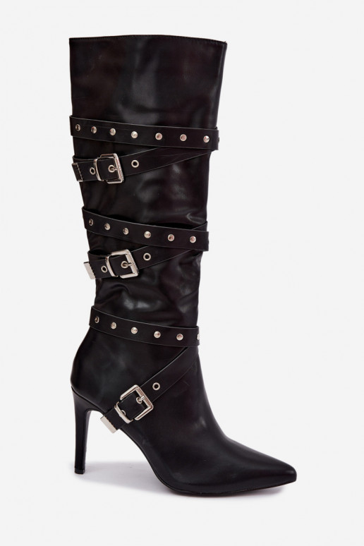 Women's knee-high boots with slim heels and buckles in black color Invera