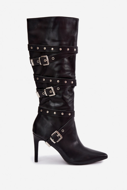Women's knee-high boots with slim heels and buckles in black color Invera