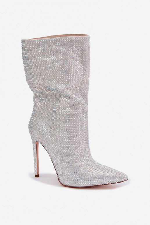 Decorated women's ankle boots with slim heels in silver color Galessa