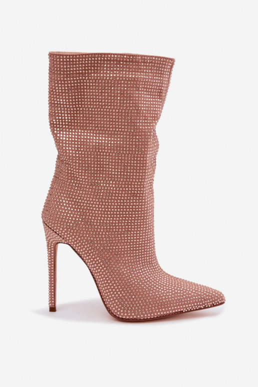 Decorated women's ankle boots with slim heels in champagne color Galessa