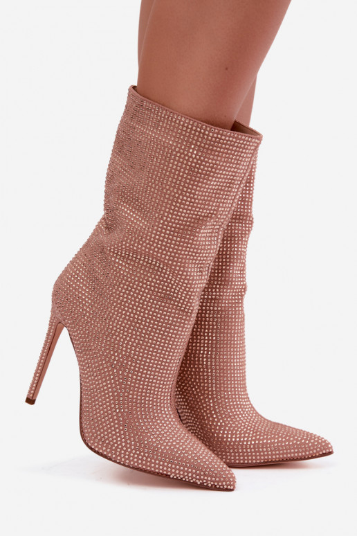 Decorated women's ankle boots with slim heels in champagne color Galessa