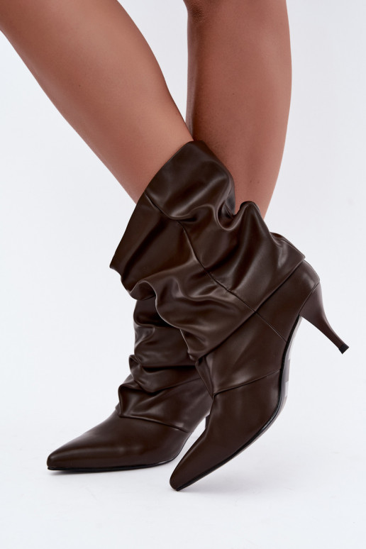 Slip-on women's slouchy ankle boots with slim heels in chocolate color Harissa