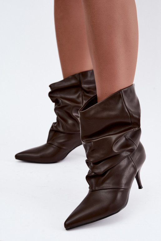 Slip-on women's slouchy ankle boots with slim heels in chocolate color Harissa