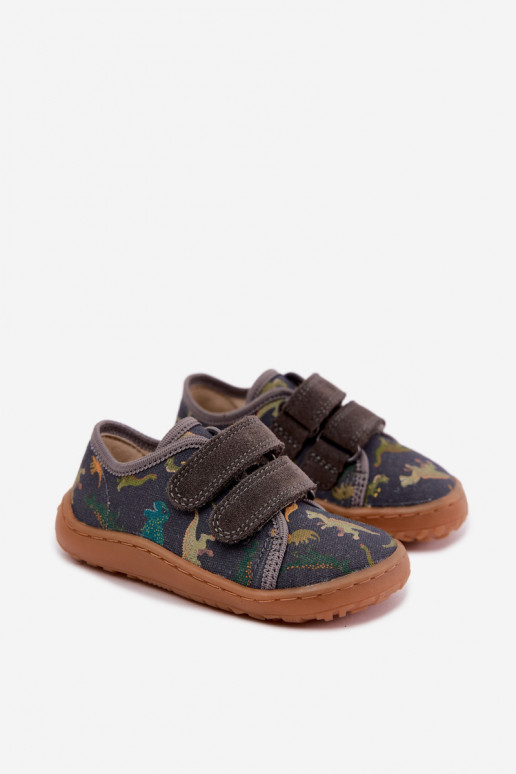 Dziecięce klapki Barefoot z dinozaurami Froddo Canvas G1700440-31 Szare