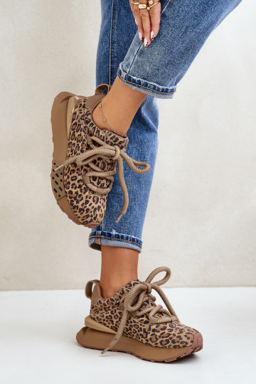 Suede women's sneakers with platform and leopard print Artiker 55C0135 brown
