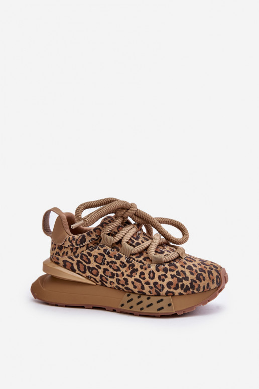 Zamszowe damskie sneakersy z platformą i lampasami w panterkę Artiker 55C0135 brązowe
