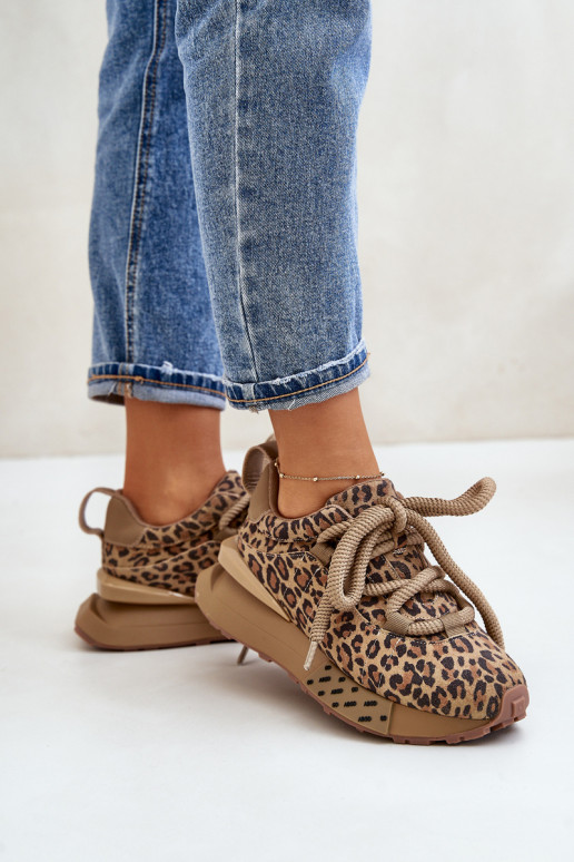 Suede women's sneakers with platform and leopard print Artiker 55C0135 brown
