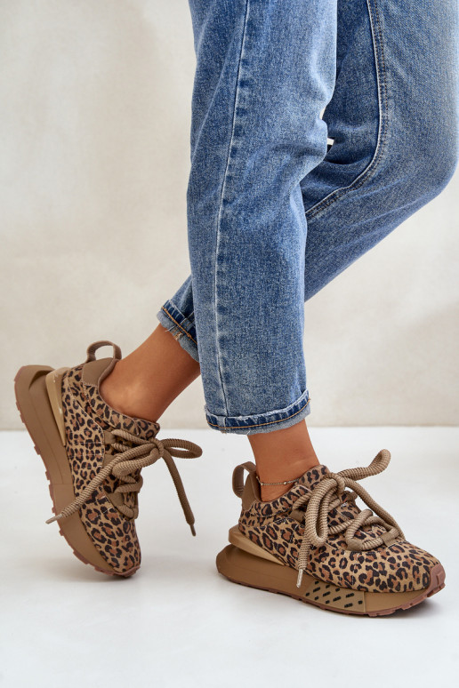 Suede women's sneakers with platform and leopard print Artiker 55C0135 brown
