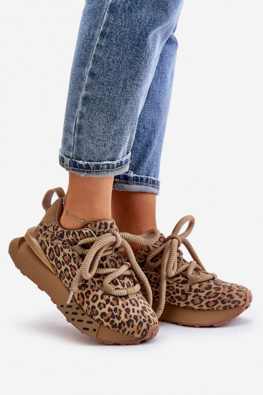 Zamszowe damskie sneakersy z platformą i lampasami w panterkę Artiker 55C0135 brązowe