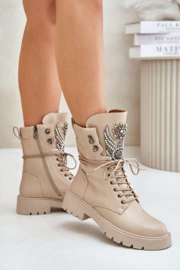 Faux leather insulated work ankle boots with decoration D&A MR880-080 beige
