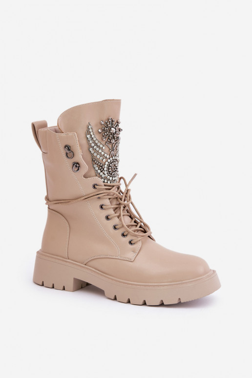 Faux leather insulated work ankle boots with decoration D&A MR880-080 beige