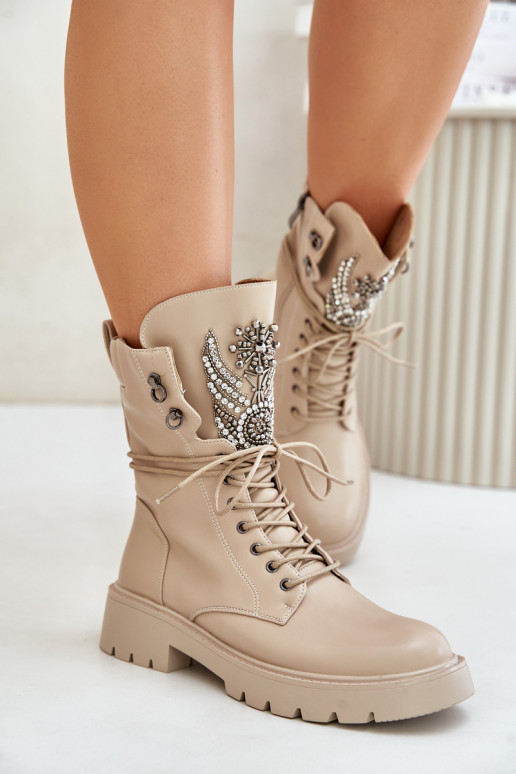 Faux leather insulated work ankle boots with decoration D&A MR880-080 beige