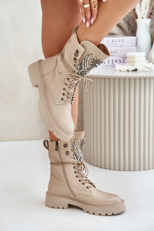 Faux leather insulated work ankle boots with decoration D&A MR880-080 beige