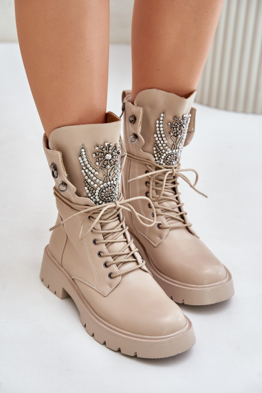 Dirbtinės odos pašiltinti darbiniai kulkšnies batai su dekoracija D&A MR880-080 smėlio spalvos