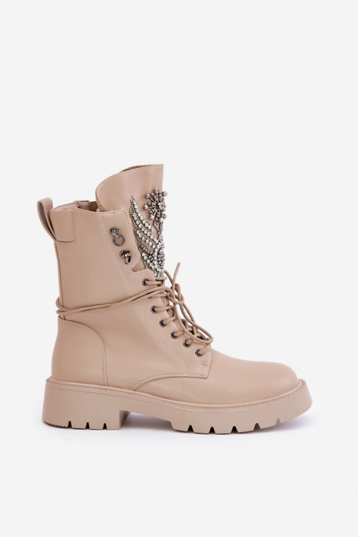 Faux leather insulated work ankle boots with decoration D&A MR880-080 beige