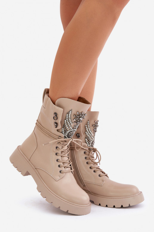 Faux leather insulated work ankle boots with decoration D&A MR880-080 beige