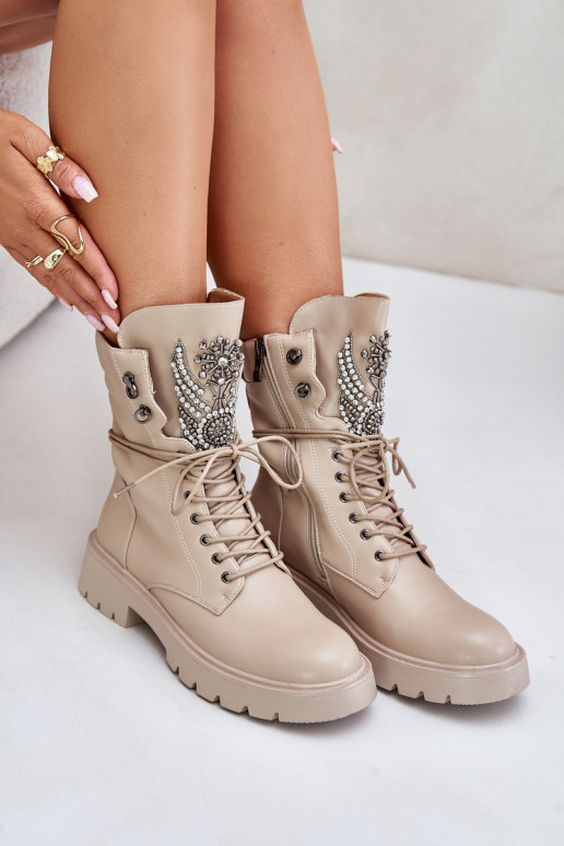 Faux leather insulated work ankle boots with decoration D&A MR880-080 beige