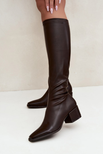 women's knee-high boots with laced shaft on low heel made of faux leather caramel Gisellea 2