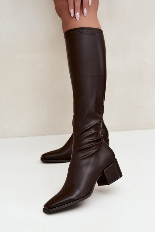 women's knee-high boots with laced shaft on low heel made of faux leather caramel Gisellea