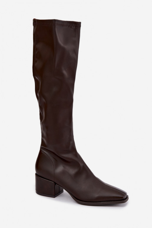 women's knee-high boots with laced shaft on low heel made of faux leather caramel Gisellea