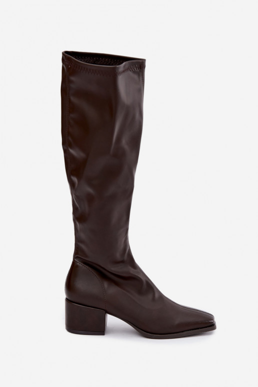 women's knee-high boots with laced shaft on low heel made of faux leather caramel Gisellea