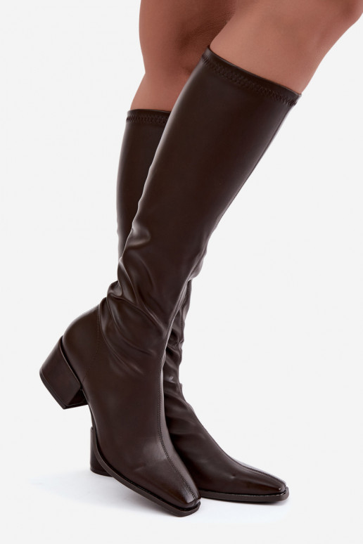 women's knee-high boots with laced shaft on low heel made of faux leather caramel Gisellea