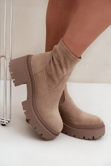 women's ankle boots with chunky heels and platform made of faux suede sand Elvianne