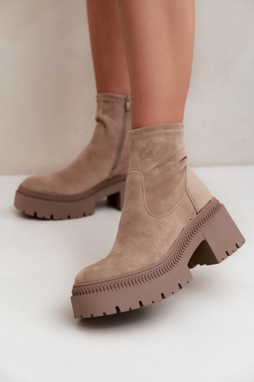 women's ankle boots with chunky heels and platform made of faux suede sand Elvianne