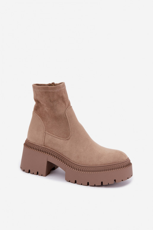 women's ankle boots with chunky heels and platform made of faux suede sand Elvianne