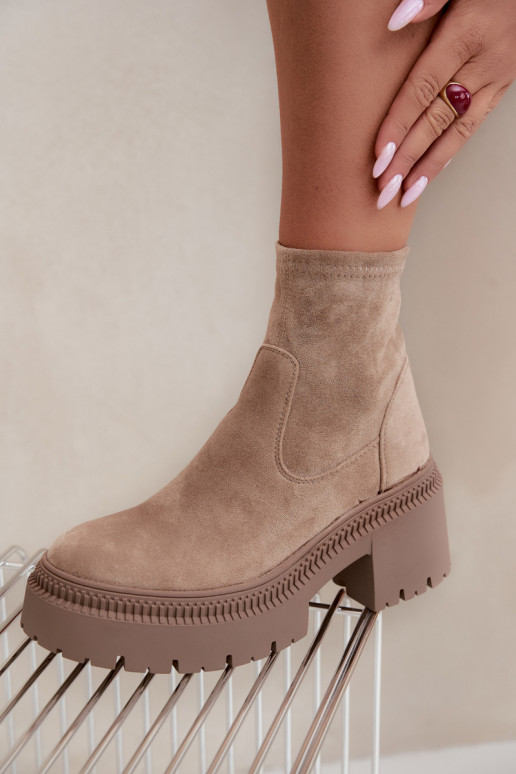 women's ankle boots with chunky heels and platform made of faux suede sand Elvianne