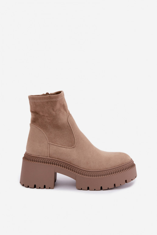 women's ankle boots with chunky heels and platform made of faux suede sand Elvianne