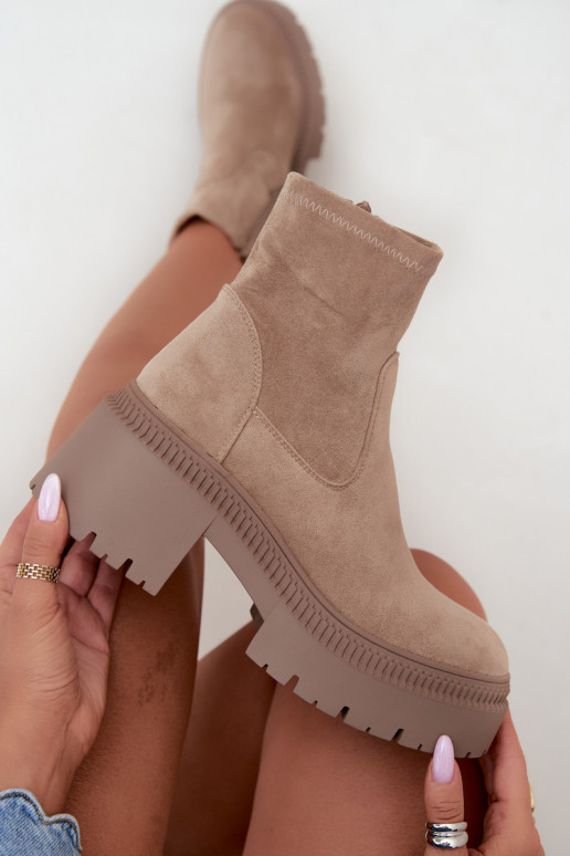 women's ankle boots with chunky heels and platform made of faux suede sand Elvianne