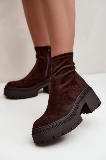 women's ankle boots with chunky heels and platform made of faux suede caramel Elvianne 2