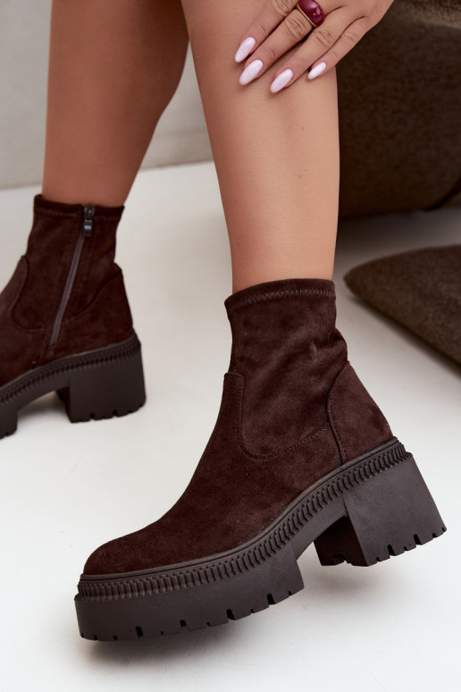 women's ankle boots with chunky heels and platform made of faux suede caramel Elvianne
