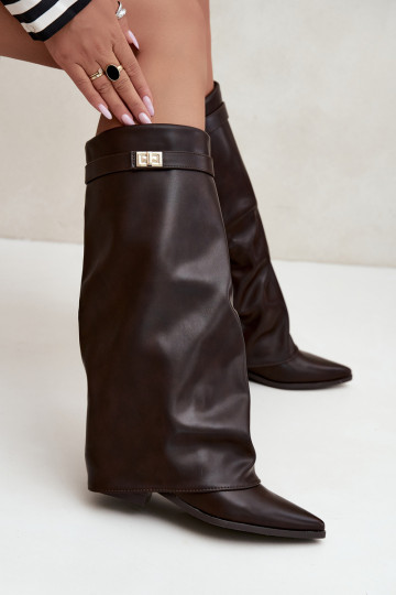 women's knee-high boots with laced shaft on low heel made of faux leather caramel Gisellea