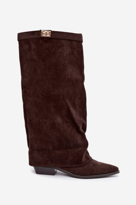 women's knee-high boots with laced shaft on low heel made of faux suede caramel Gisellea