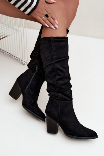 women's knee-high boots with heels and curved upper in black Ismera