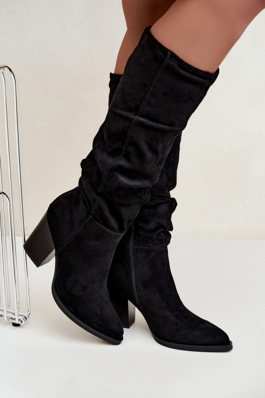 women's knee-high boots with heels and curved upper in black Ismera