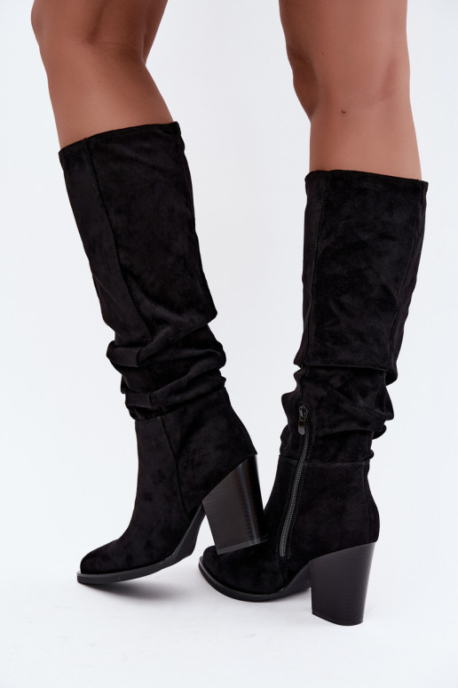 women's knee-high boots with heels and curved upper in black Ismera
