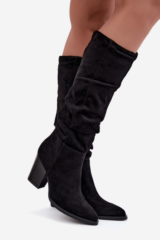 women's knee-high boots with heels and curved upper in black Ismera