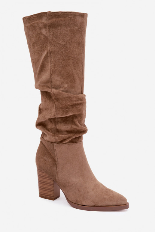 women's knee-high boots with heels and curved upper in sand Ismera