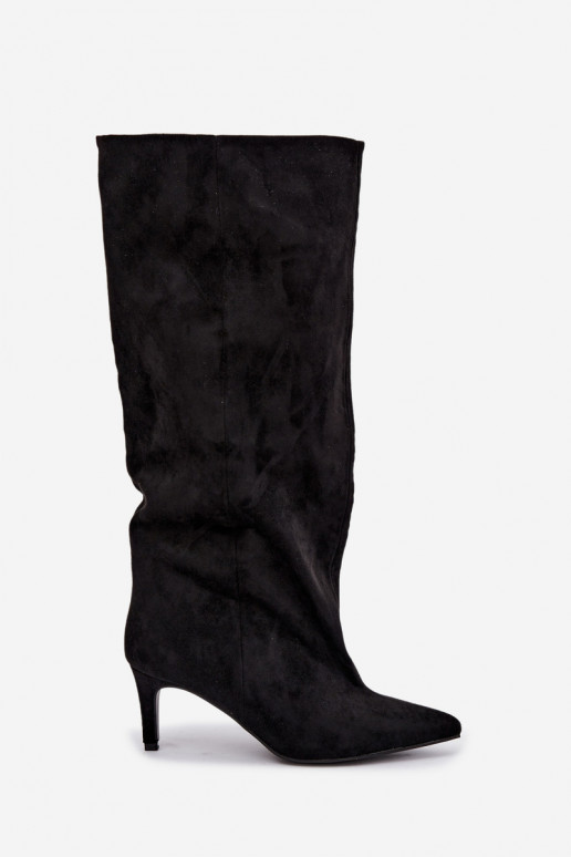 slip-on women's knee-high boots with heels in black Favra