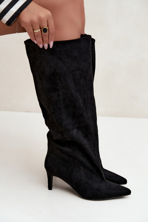slip-on women's knee-high boots with heels in black Favra