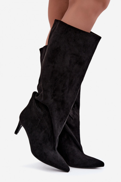 slip-on women's knee-high boots with heels in black Favra